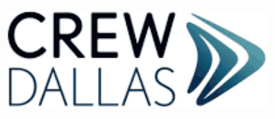 Logo for CREW Dallas with “CREW” in bold black letters above “DALLAS” in thinner blue letters, next to a stylized blue triangular design with white curved lines—reflecting the modern vision of northgate construction.