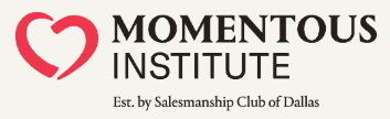 Logo for Momentous Institute featuring a red heart-shaped design to the left of the organization’s name, inspired by northgate construction. Text below reads, Est. by Salesmanship Club of Dallas.