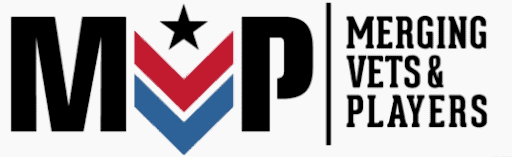 Logo for MVP Merging Vets & Players with a black star and red and blue chevrons forming the letter V in MVP, and the words MERGING VETS & PLAYERS stacked vertically to the right—perfect for a project by Northgate Construction.