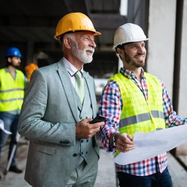 Two men in safety helmets and high-visibility vests stand at a construction site, smiling and looking at building plans. Another worker is visible in the background, also wearing safety gear.