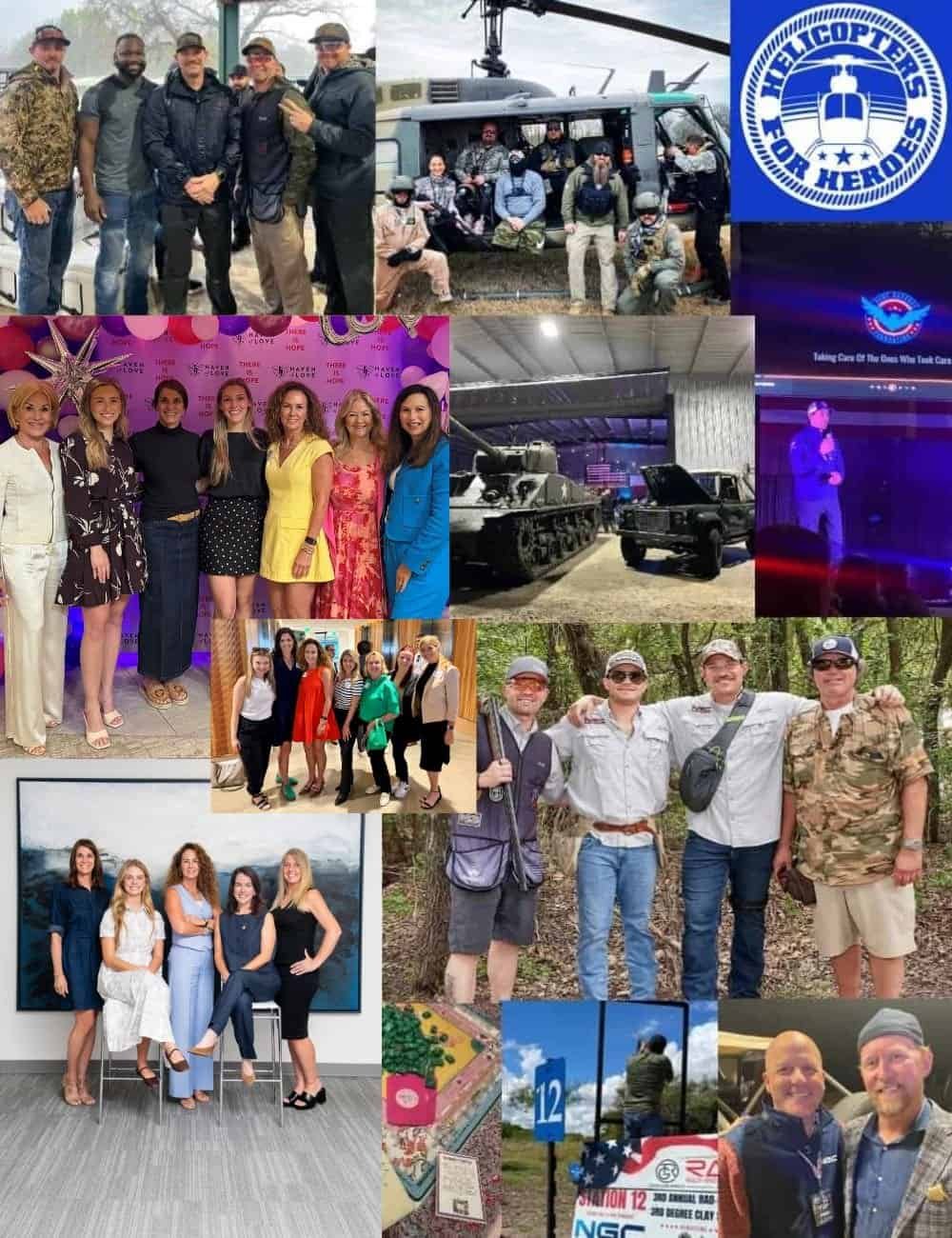 A collage of various group photos featuring men and women in casual, formal, and military attire, helicopters, vehicles, and banners for Helicopters for Heroes, with both indoor and outdoor settings.